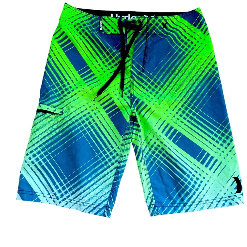 Hurley Men's Green Yellow Blue Swim Board Shorts10" Inseam Men's Size 29 EUC